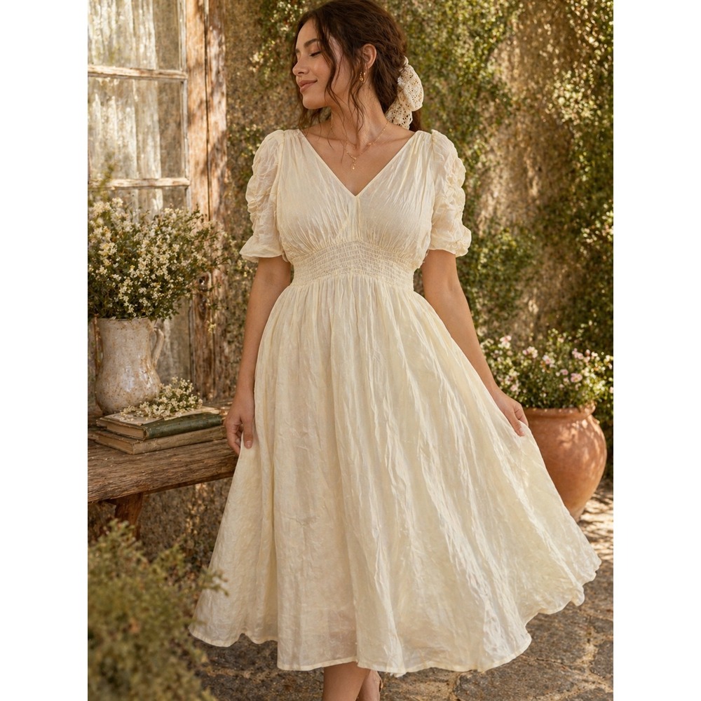 Melloday Women M Pale Yellow Tencel Puff Sleeve Smocked Midi Dress CED240490R-RD